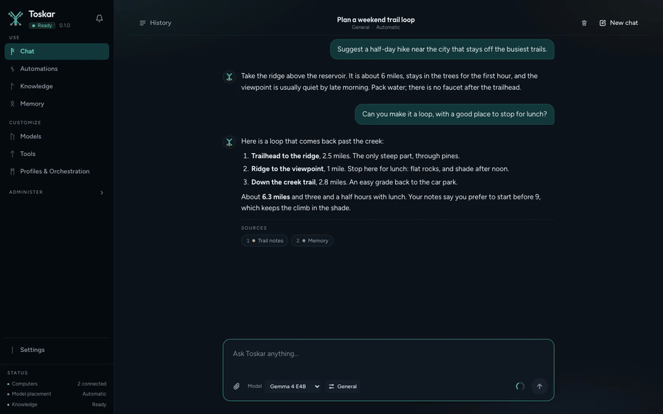 Walkthrough of every page: chat, models, computers, performance, diagnostics, API access, automations, training, knowledge, memory, tools, and profiles