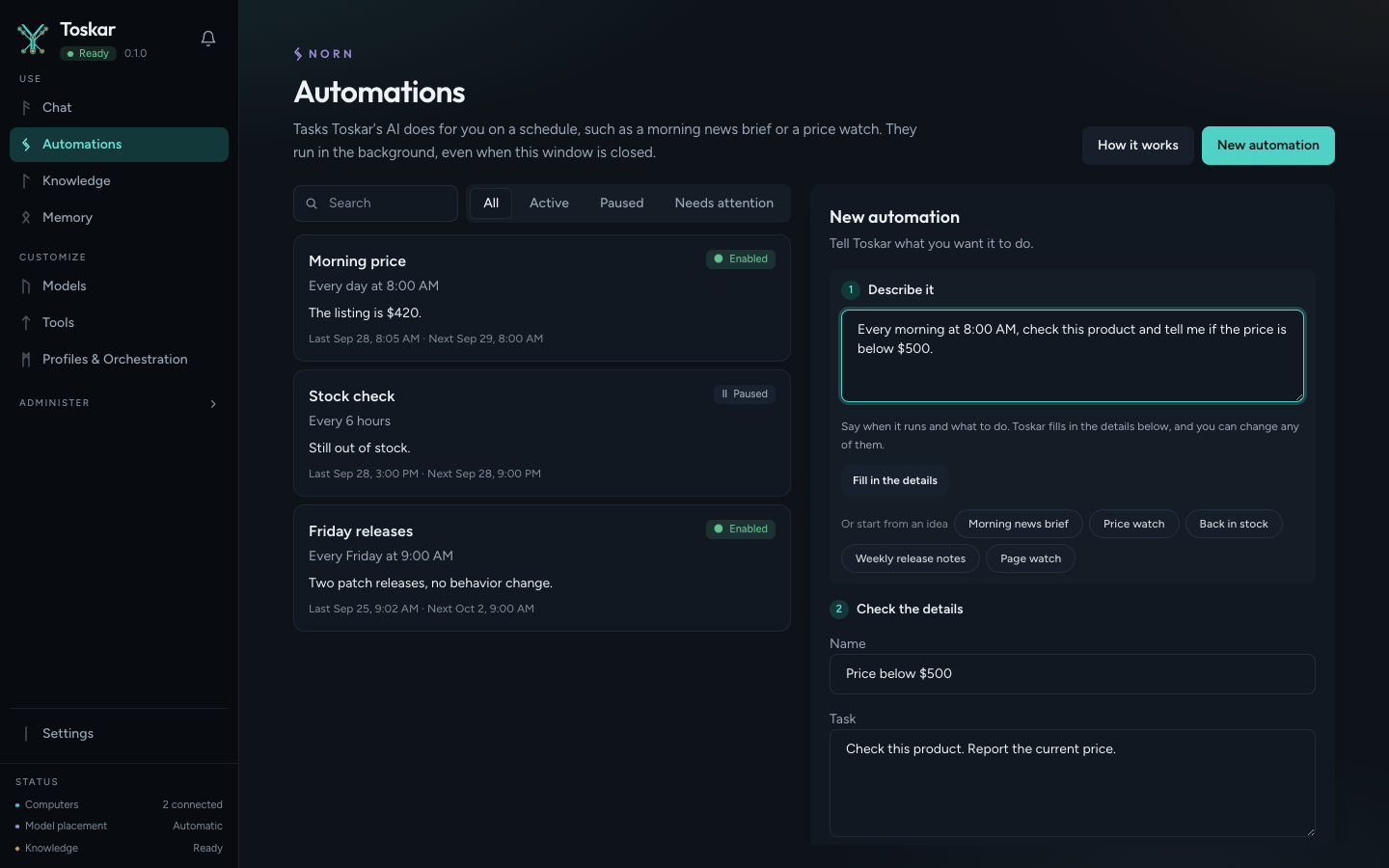New automation form filled from the sentence about checking a price below $500 every morning at 8:00 AM