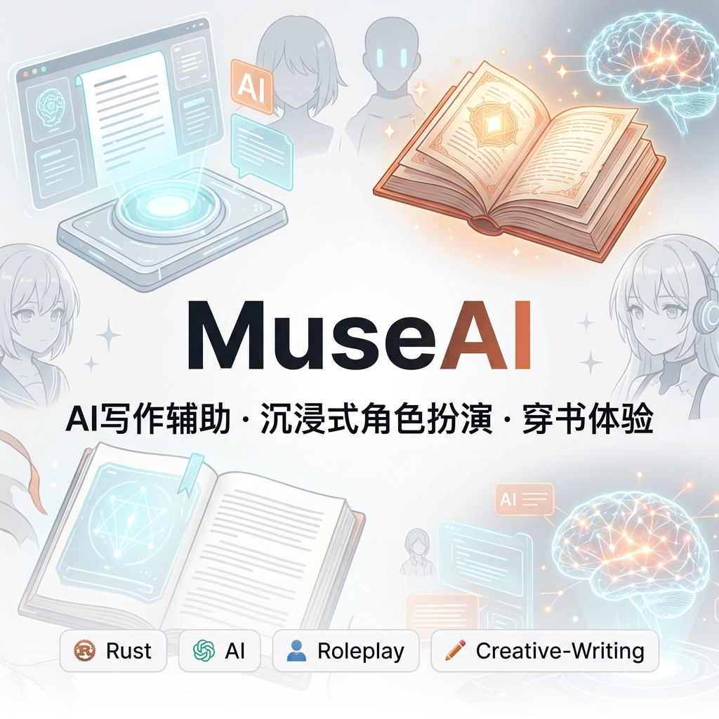 MuseAI home screen: local AI companions, text adventures, story-world isekai, bonds, and creative tools