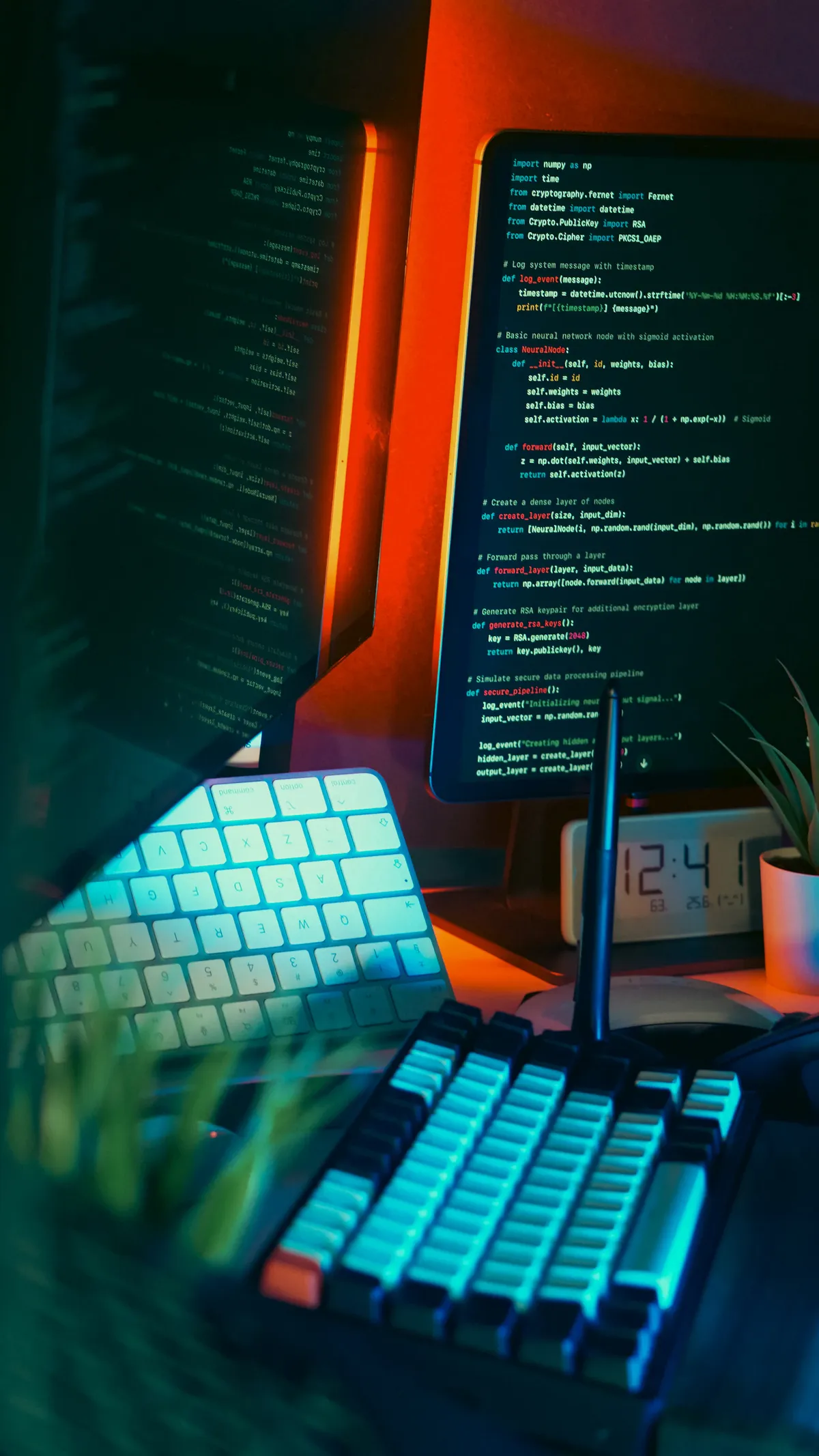 A coder's workspace, multiple monitors, code on every screen