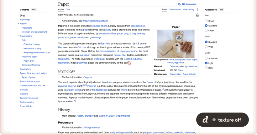 Deckle toggling its paper texture over a web page