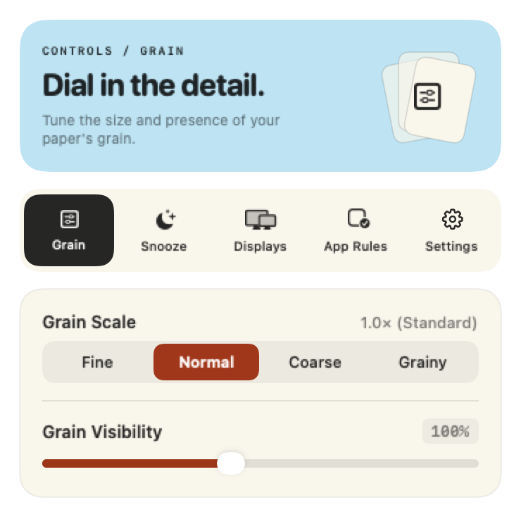Grain controls with grain scale set to Normal and grain visibility at 100 percent