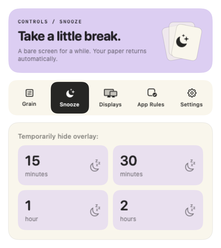 Snooze controls with all five navigation tabs and four time cards