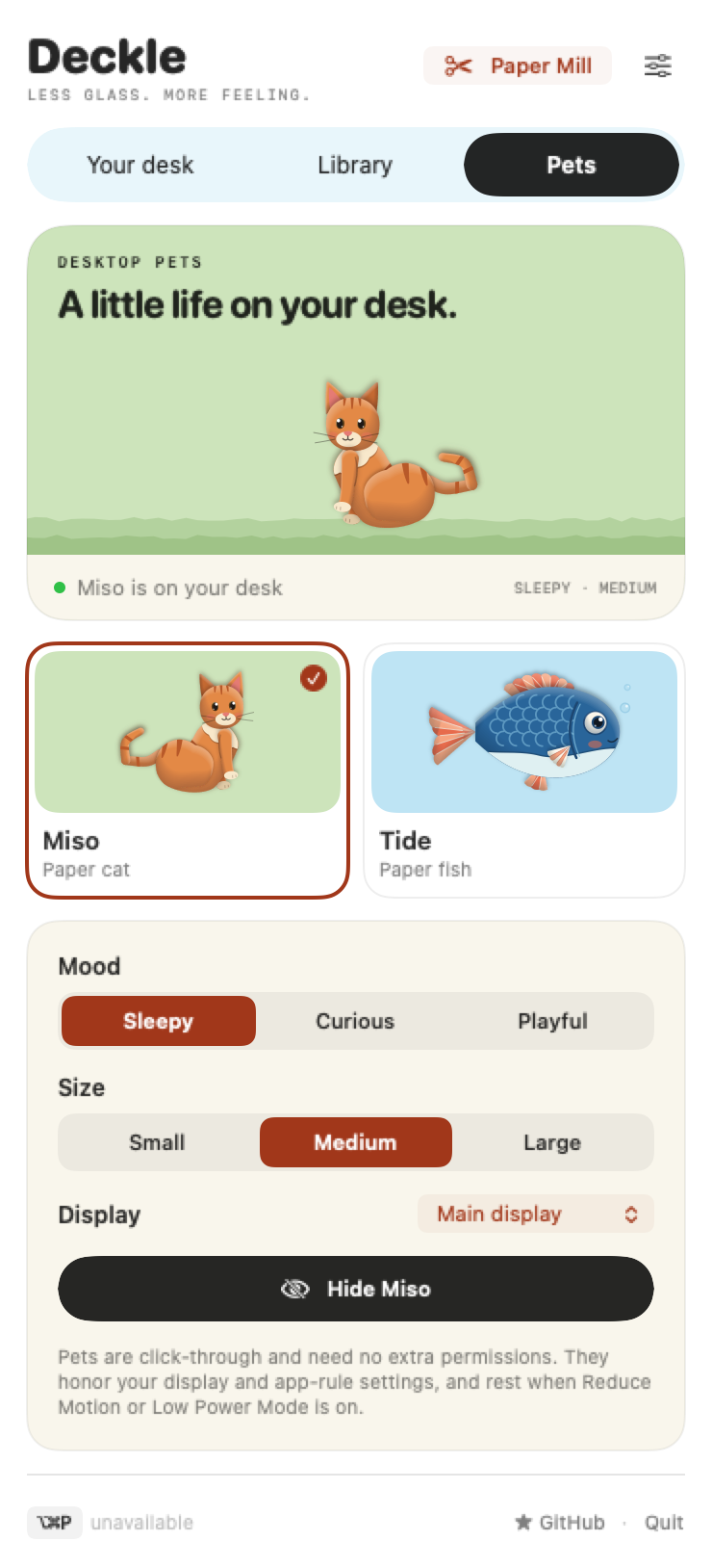 Pets tab with a sage paper stage where Miso the ginger tabby sits on a torn-paper floor, companion cards for Miso and Tide, and mood, size, and display controls