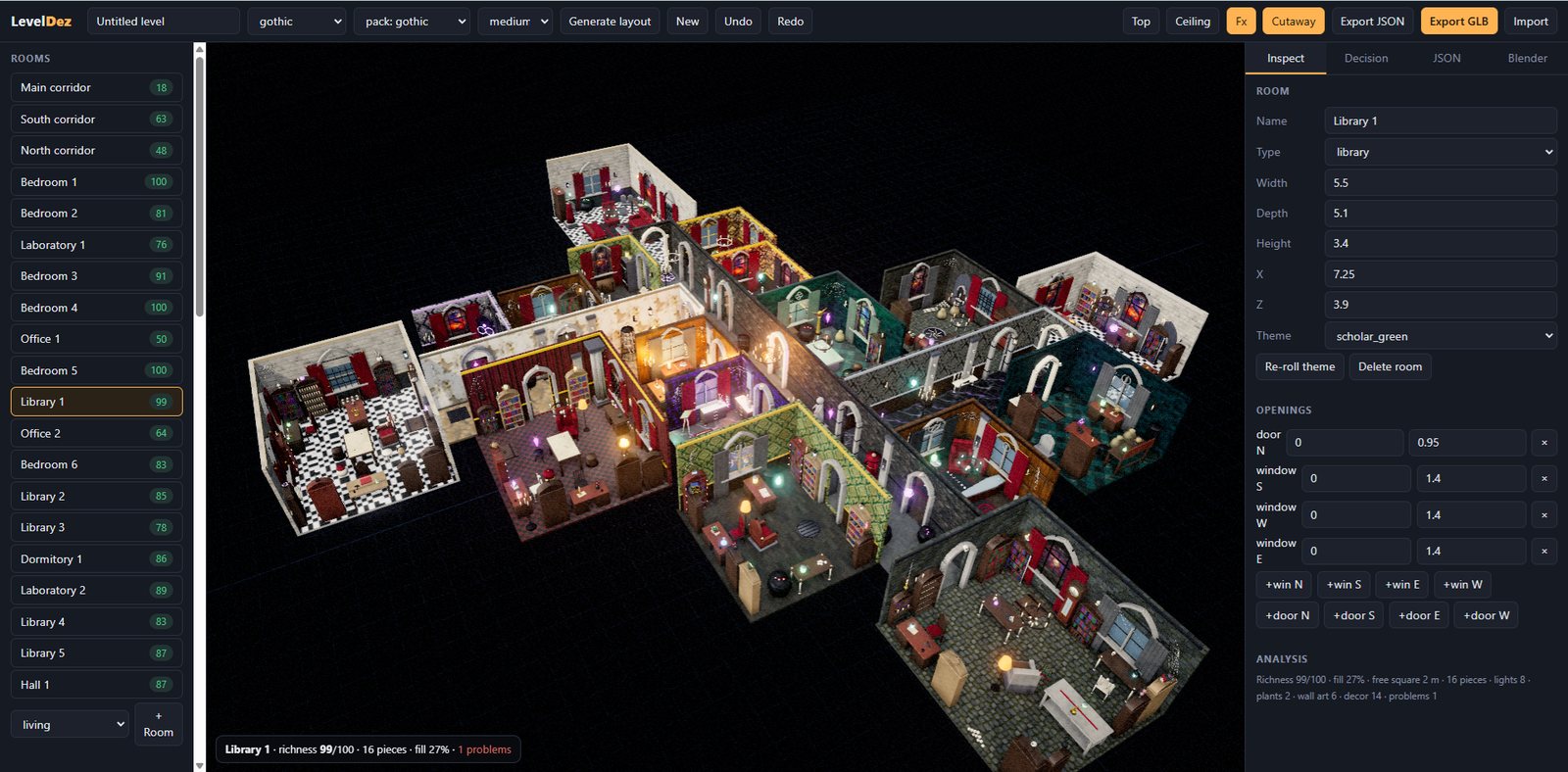A generated, furnished necromancer academy in LevelDez