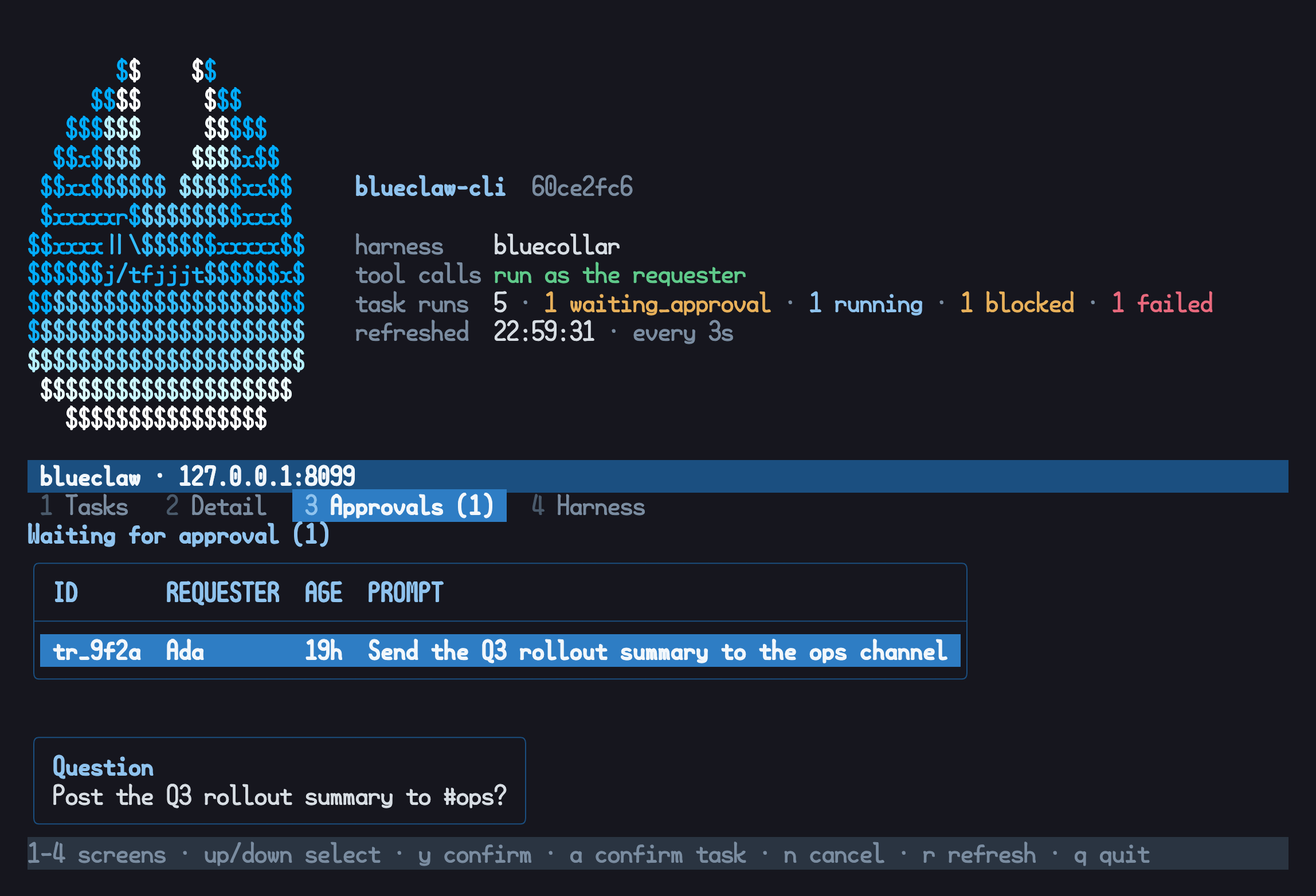the approvals screen showing a pending question with confirm and cancel keys