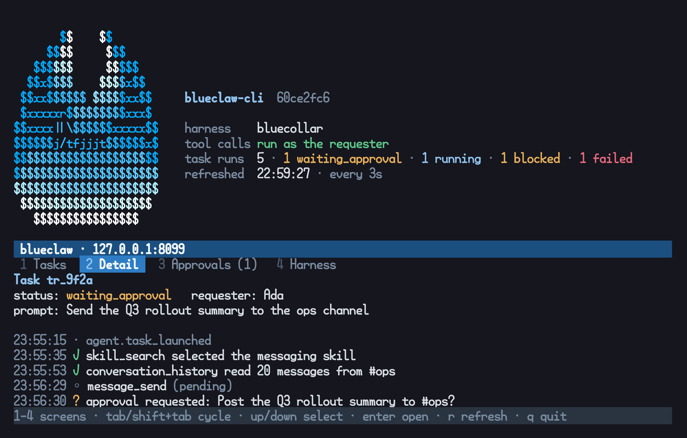 the detail screen replaying a task's tool calls and its pending approval