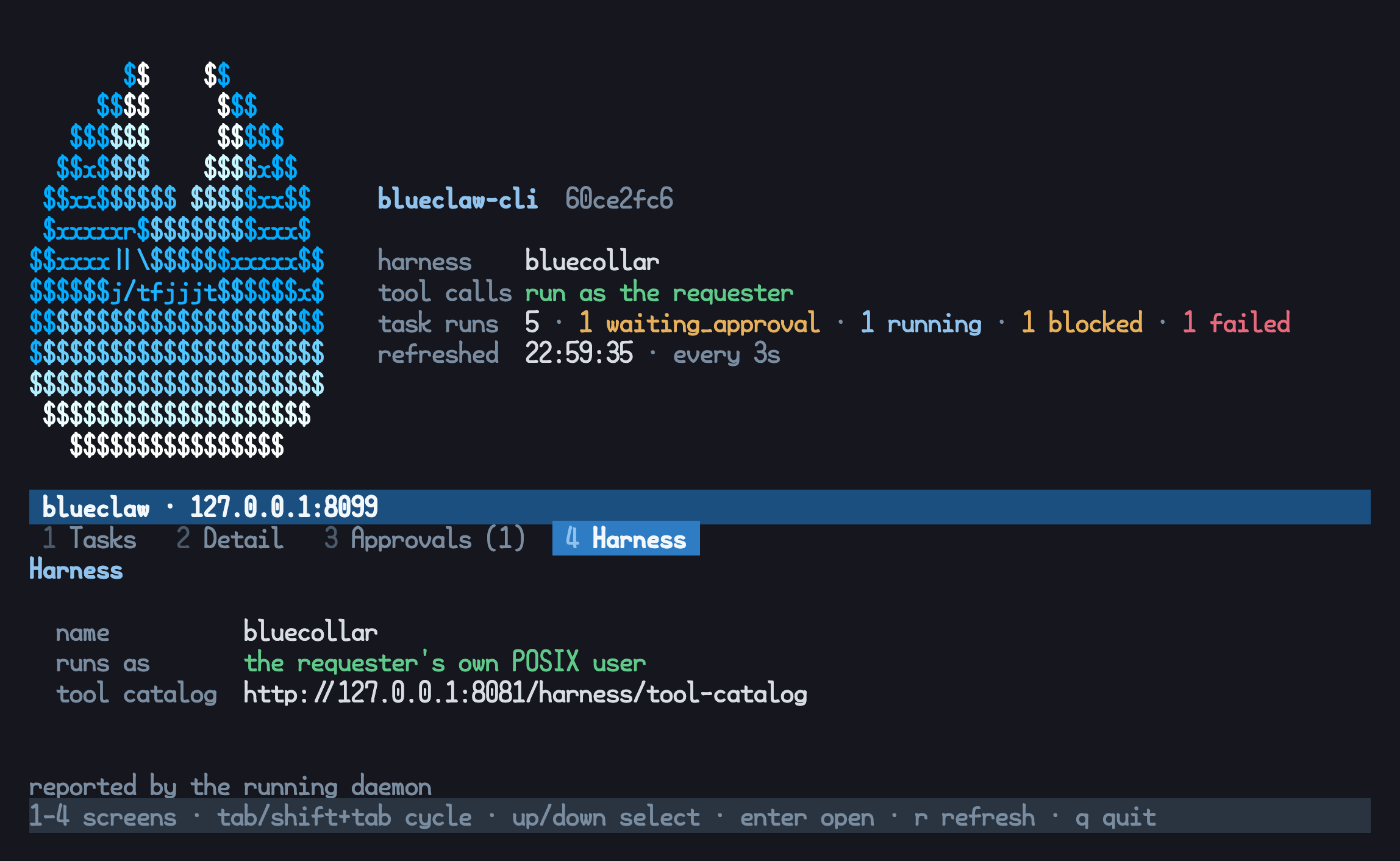 the harness screen reporting bluecollar running as the requester's own POSIX user