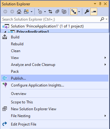 Screenshot of menu shown when right-clicking on PrinceApplication1 in the Solution Explorer