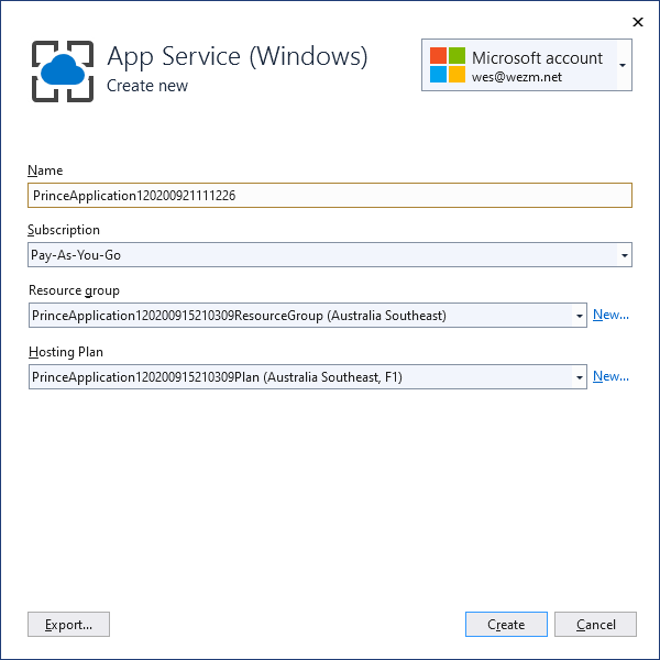 Screenshot of App Service configuration window