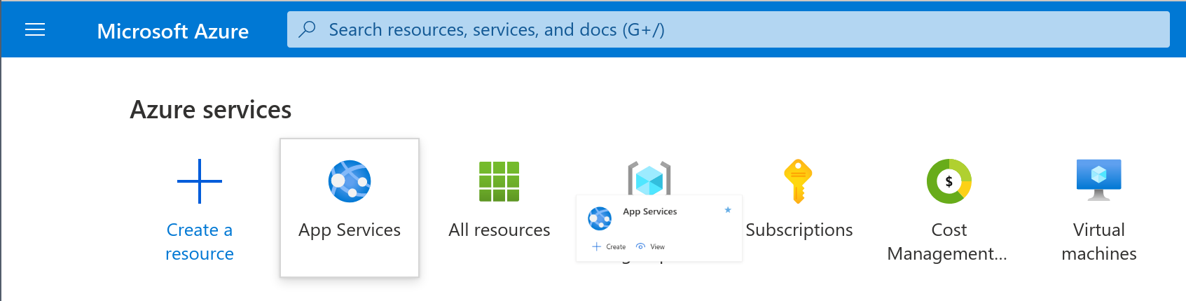 Screenshot of the App Services button on the home page of the Azure portal