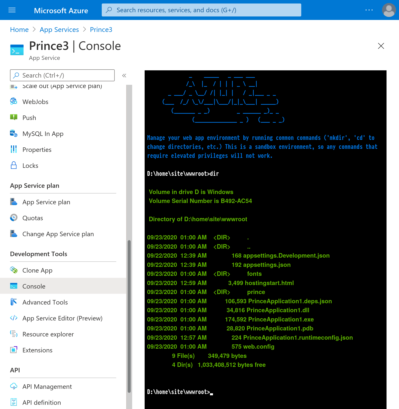 Screenshot of the Console in the Azure portal