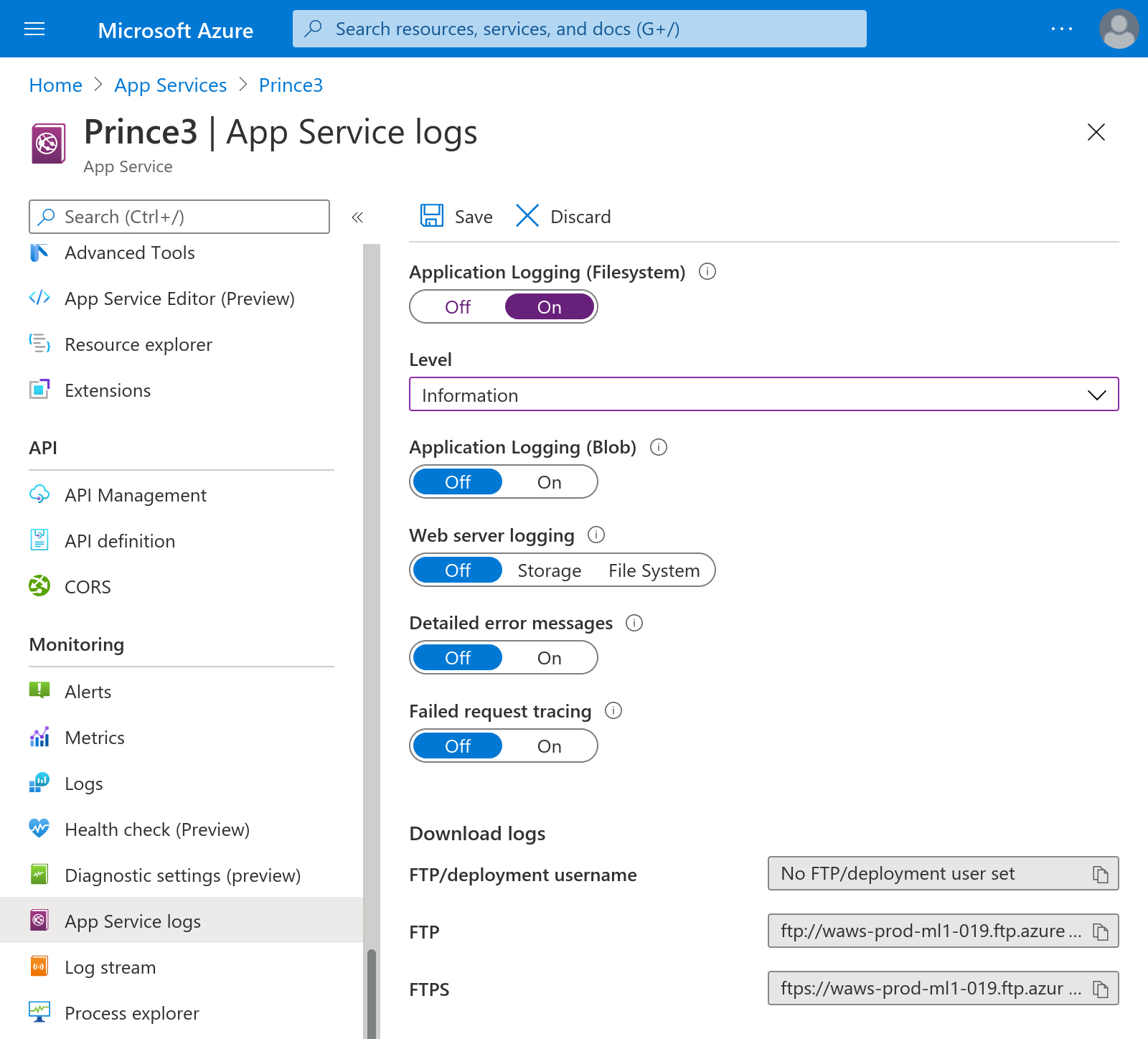 Screenshot of the App Service log settings in the Azure portal