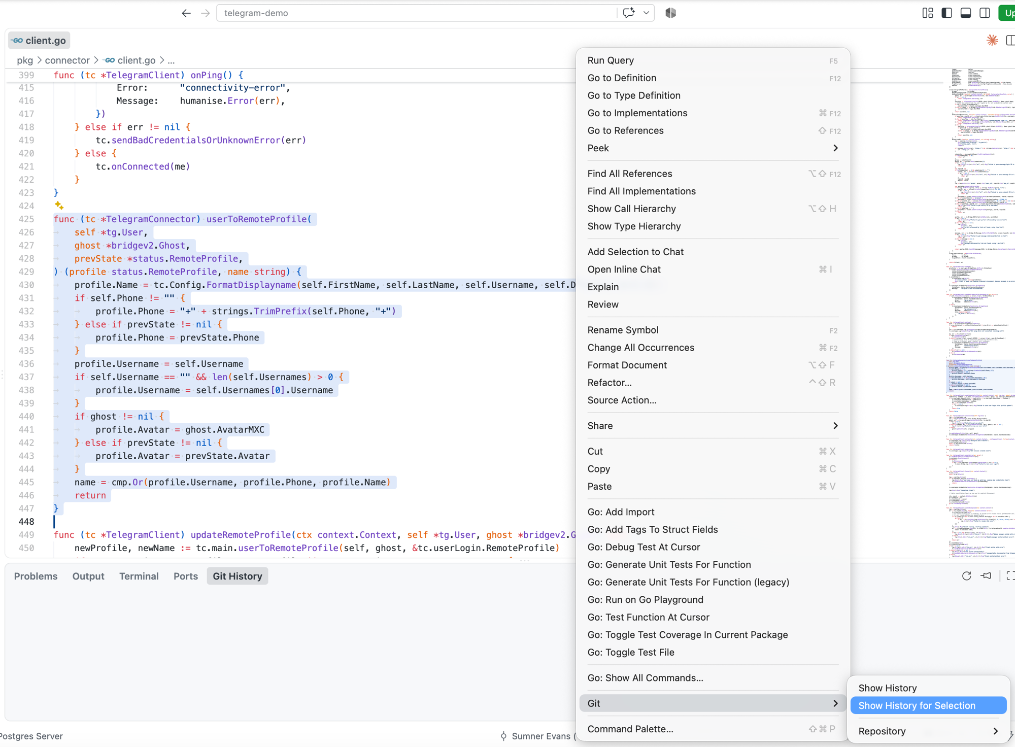 The editor context menu, with Show History and Show History for Selection under a Git submenu