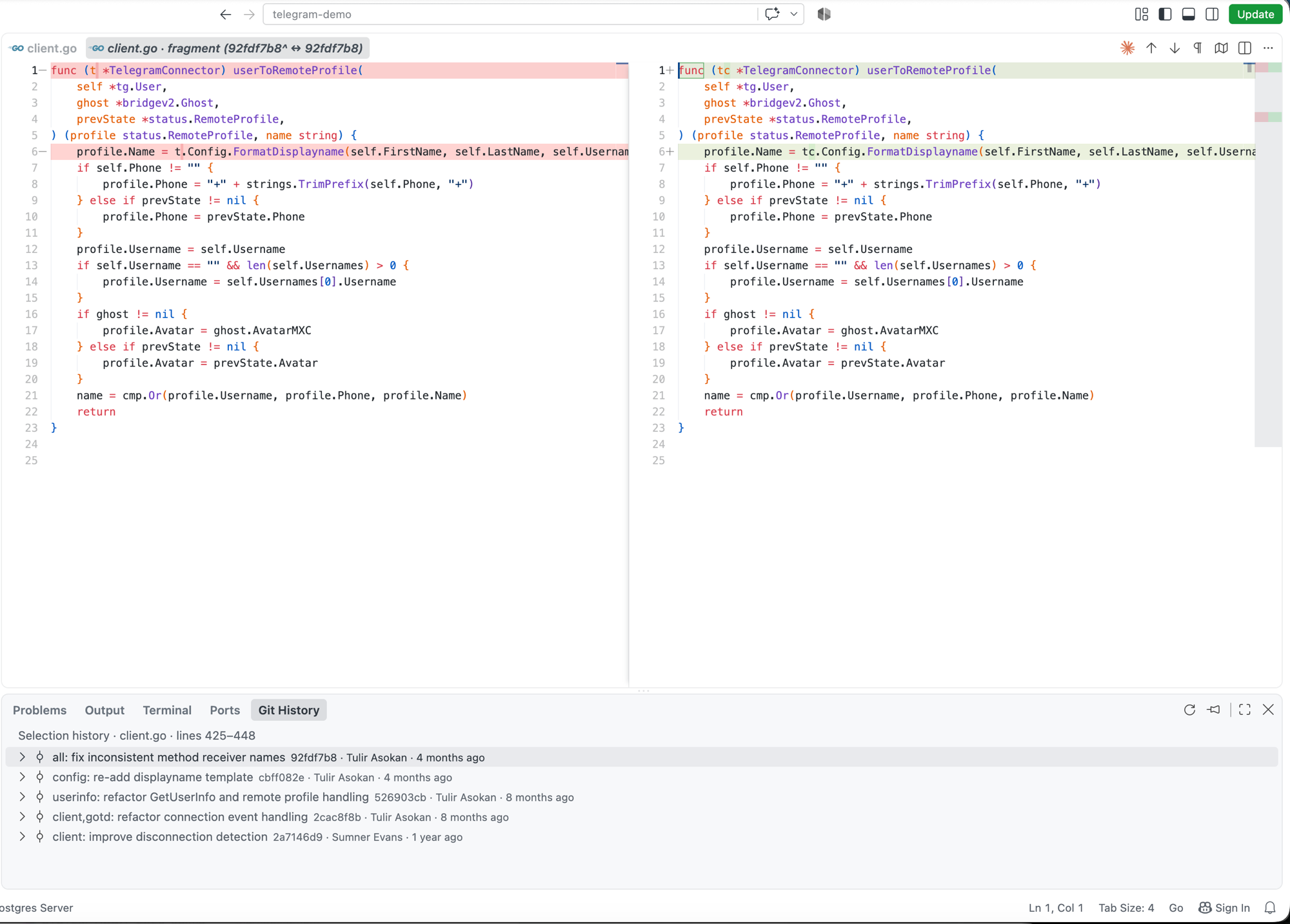 A diff titled "client.go · fragment", showing only the selected range