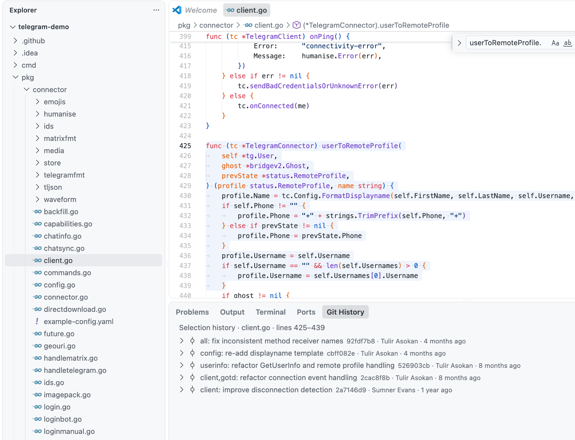 The Git History panel listing the five commits that touched a selected 15-line method
