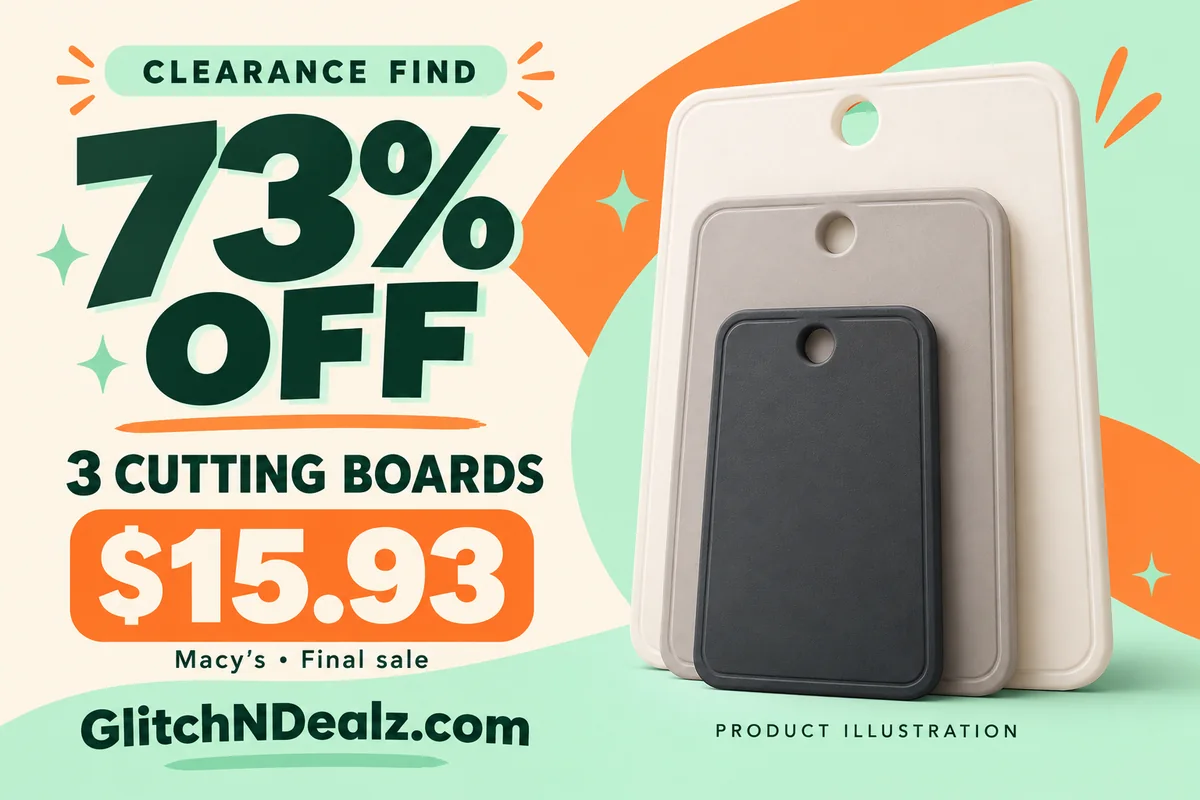GlitchNDealz illustrated clearance graphic: 73% off an Arch Studio three-piece cutting board set for $15.93 at Macy’s; final sale