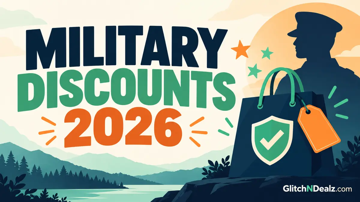Illustration for a 2026 military and veteran discount guide with a shopping bag and verification shield