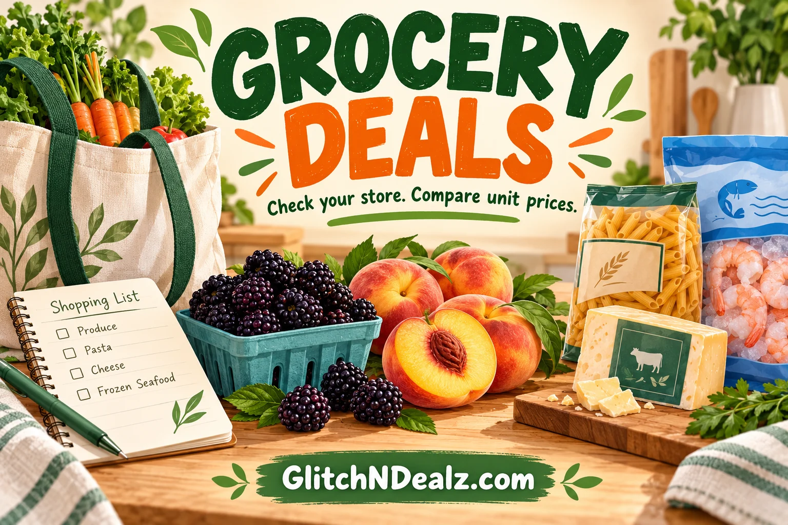 GlitchNDealz illustrated grocery shopping list with fruit, pasta, cheese and shrimp