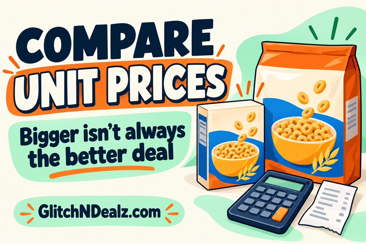 GlitchNDealz unit-price comparison illustration with small and large grocery packages and a calculator