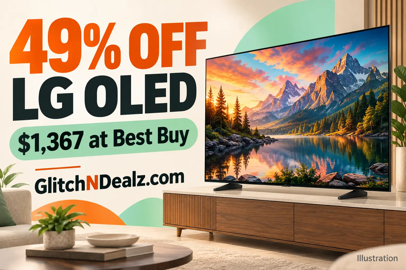 Illustration of a 65-inch LG OLED television for a 49% off Best Buy deal