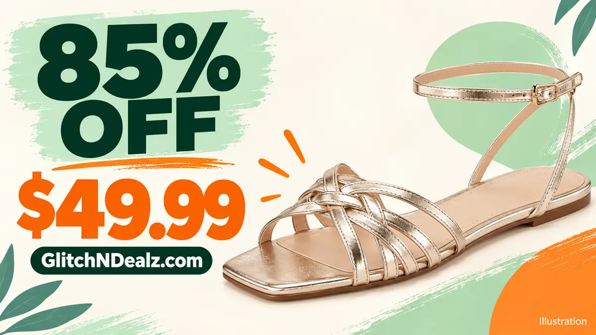 Illustration of the metallic Platino Stuart Weitzman Nilla Sandal with 85% off and $49.99 deal text