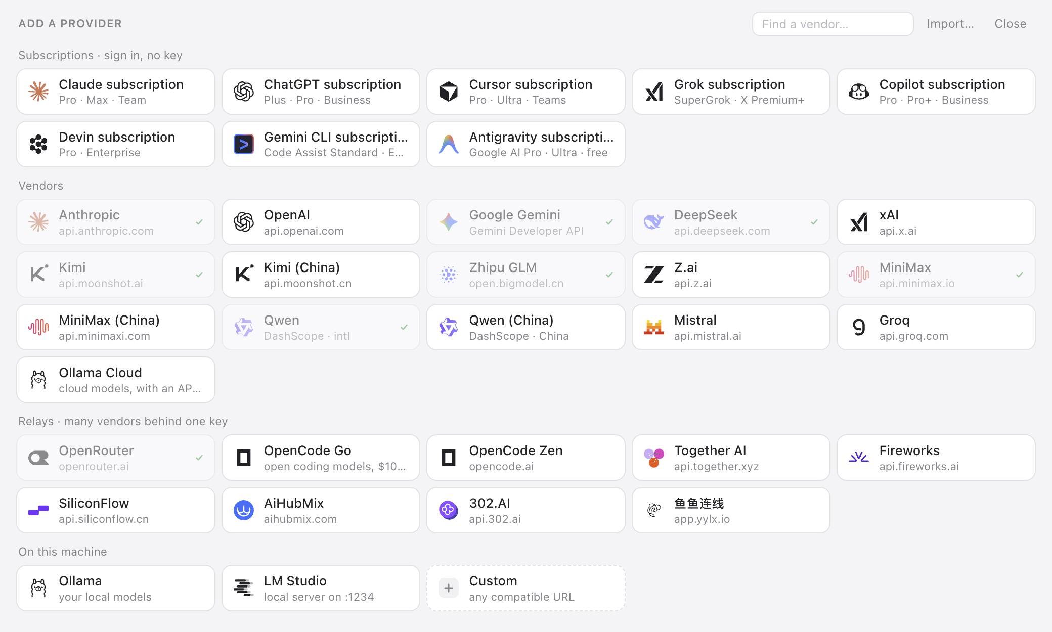 Add provider: subscriptions to sign in to, vendors, relays and local servers