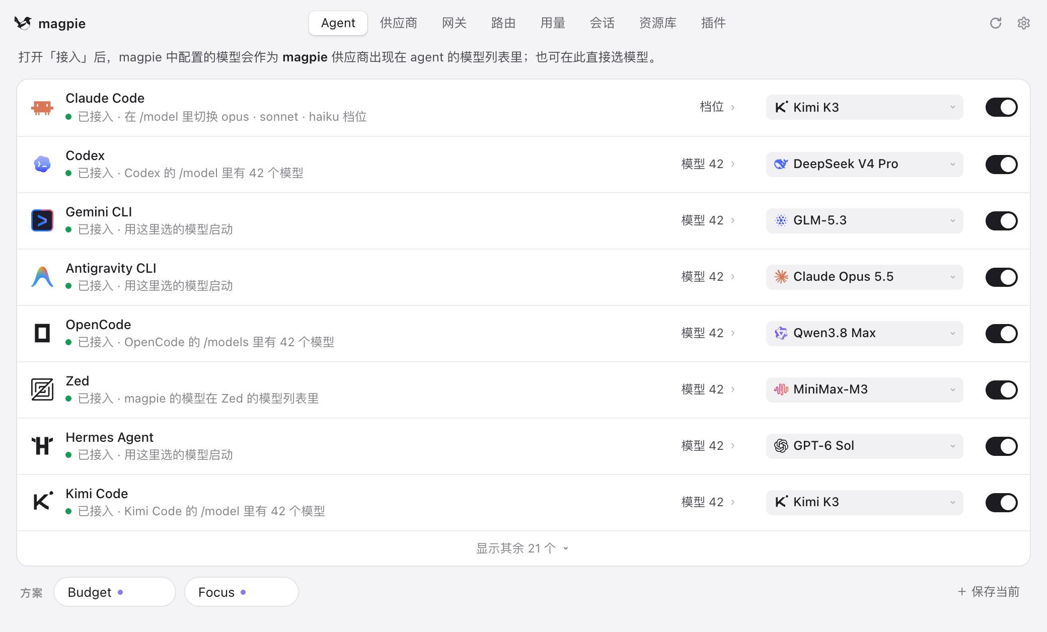 magpie 的 Agents 页：Claude Code 用 Kimi K3，Codex 用 DeepSeek V4 Pro，Gemini CLI 用 GLM-5.3，都在一个列表里选