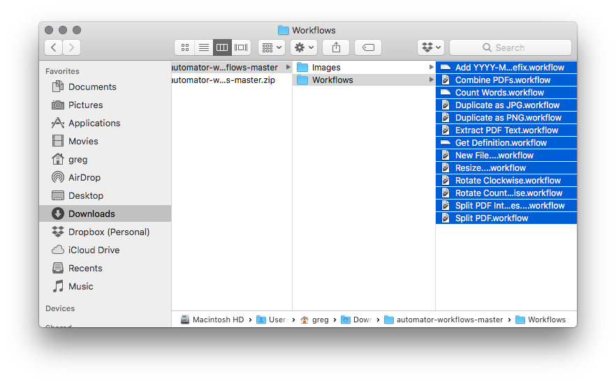 Workflows in Finder