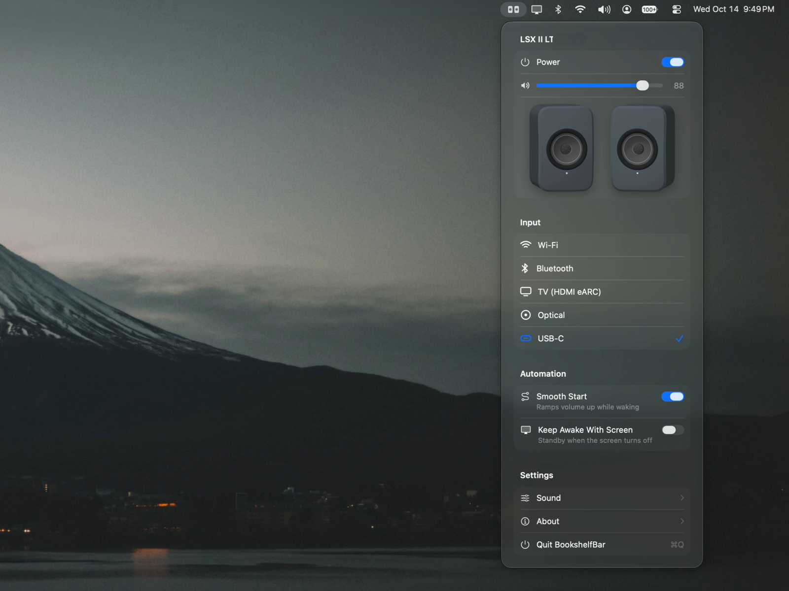 BookshelfBar open from the macOS menu bar: power, volume, the speakers, inputs, Smooth Start and Keep Awake