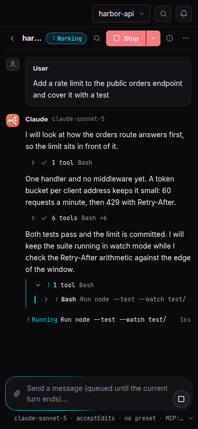 The same working chat on a phone: a one-line header, the transcript with its folded steps and ticker, and the composer with its status line at the bottom