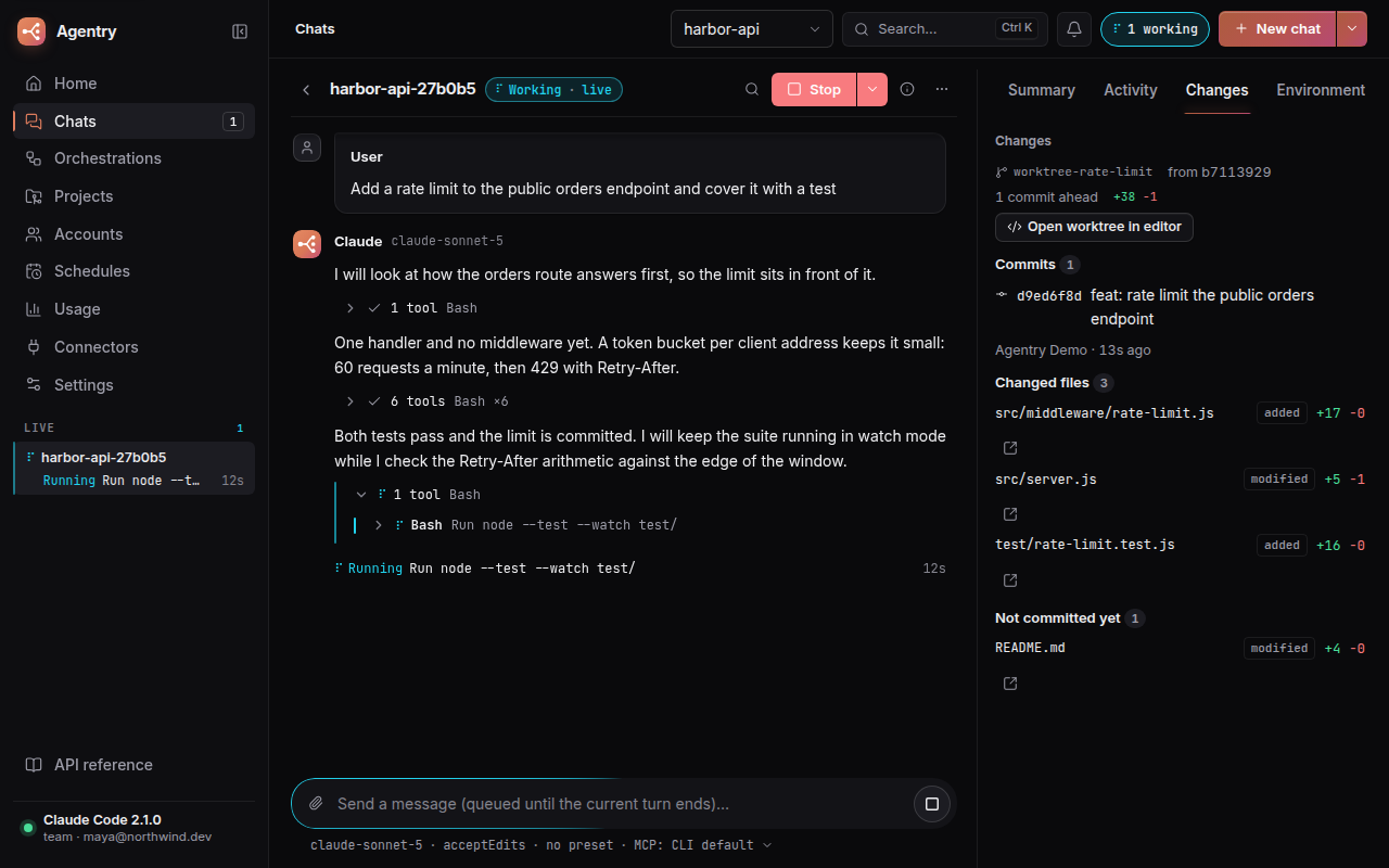 A working chat: its transcript with the tool calls folded into steps, a ticker saying the command it is running now, and beside it the inspector's Changes tab with the branch, commit and files it changed
