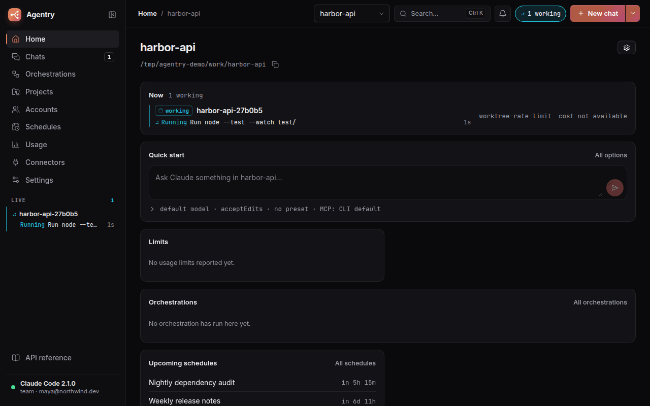 A tour of Agentry: a project's dashboard with what is working now, the command palette, a working chat with its activity ticker and the inspector's changes and diff, an orchestration followed as steps through to its verification, and the accounts with their usage