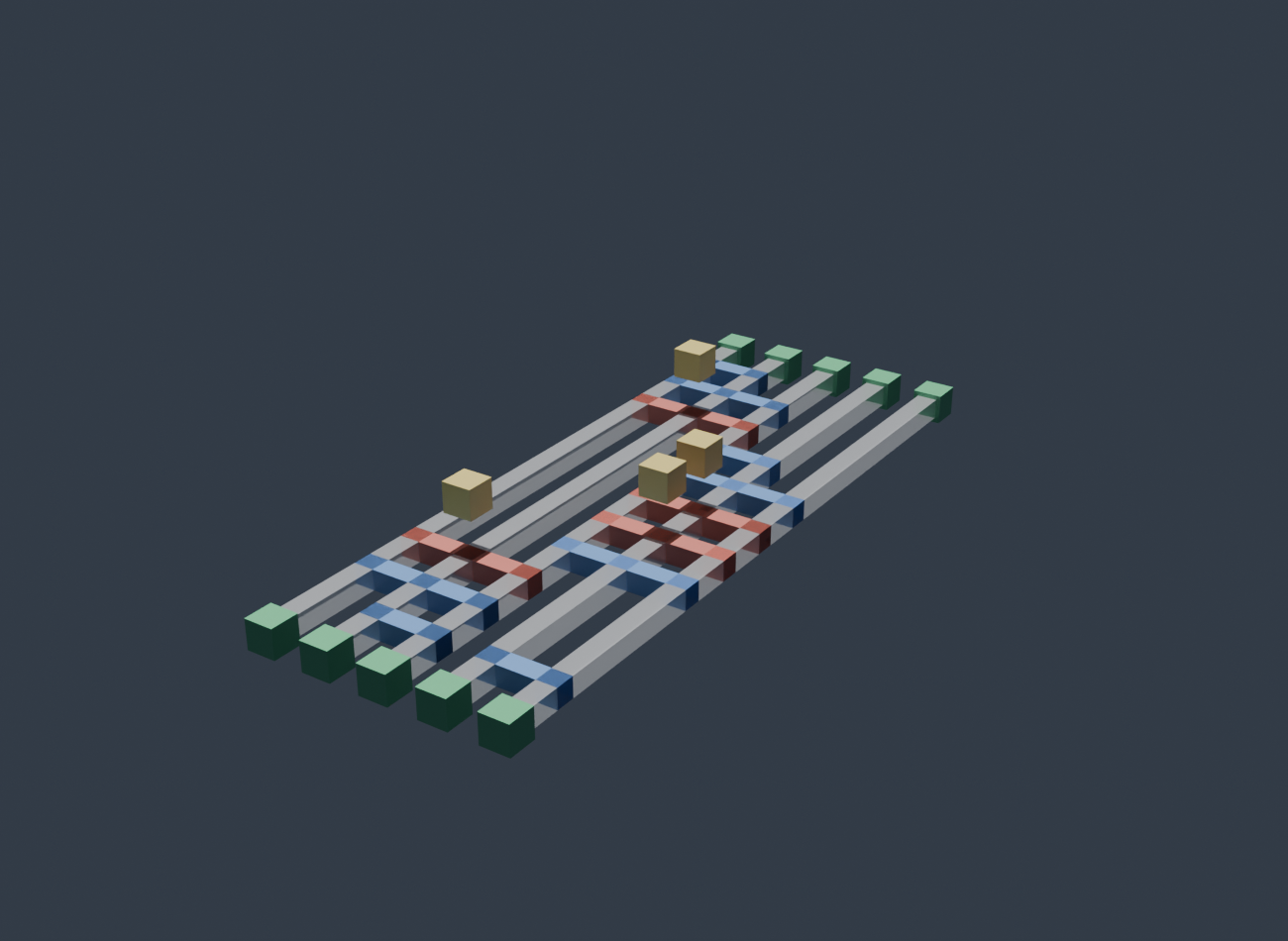 2-bit Cuccaro adder compiled to surface-code lattice surgery, ray-traced