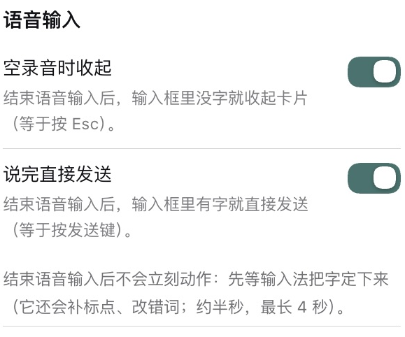 语音相关设置的真实截图:空录音时收起与说完直接发送