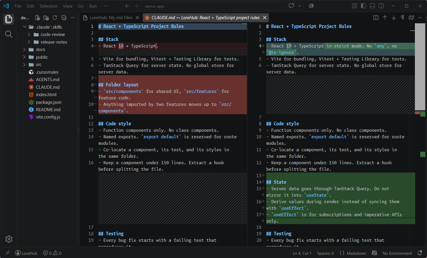 The diff editor shown when loading a file that already exists