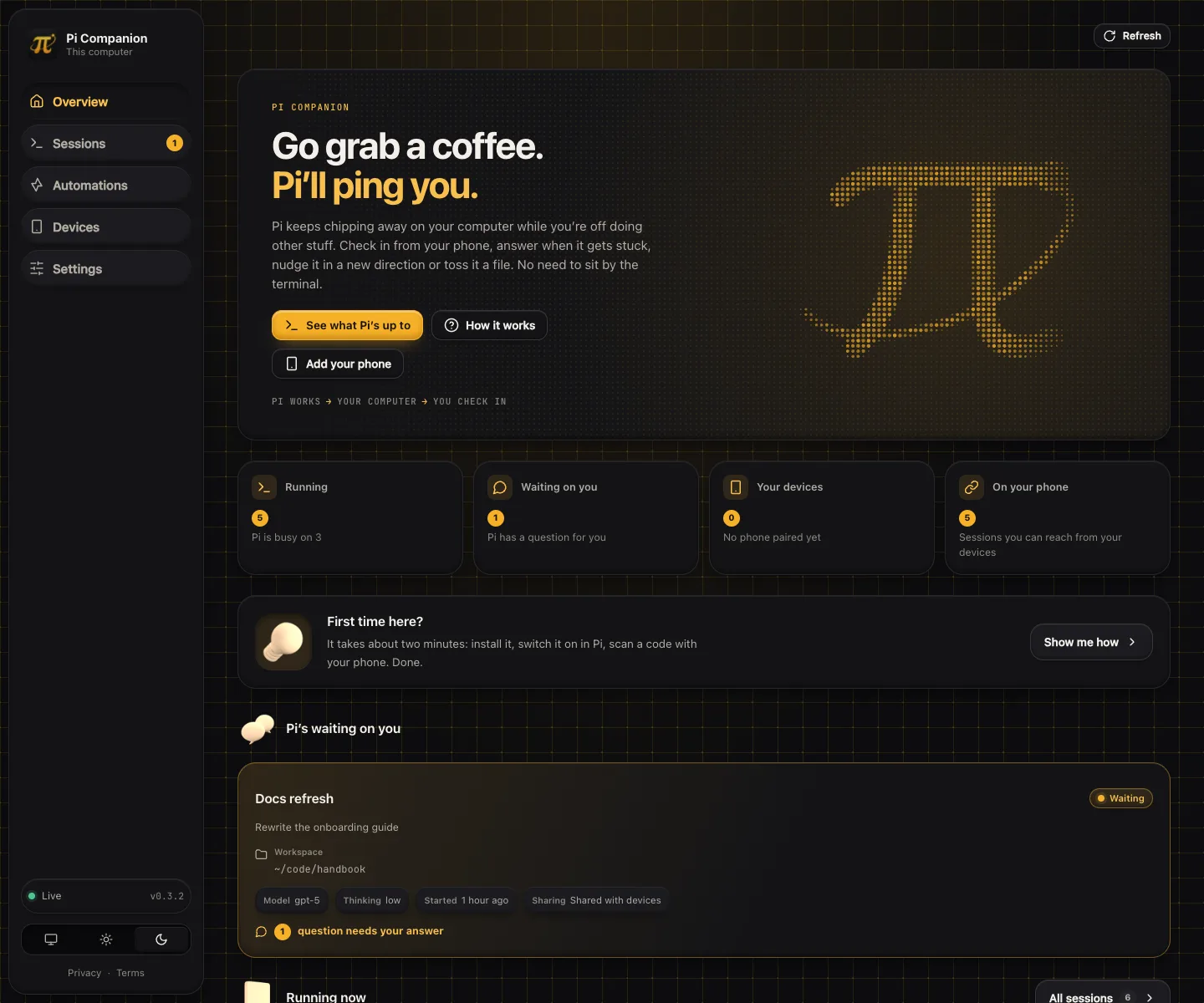 Pi Companion overview, dark theme
