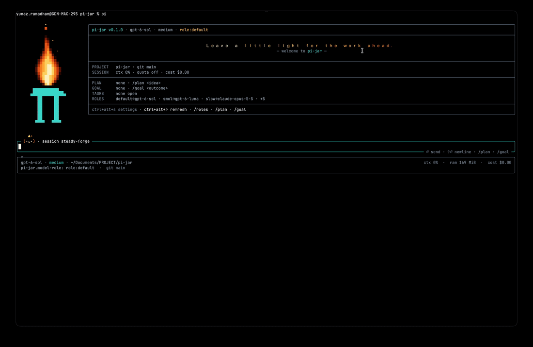 pi-jar welcome: pixel flame over the π, the hero message and workspace card, and the composer with Ember