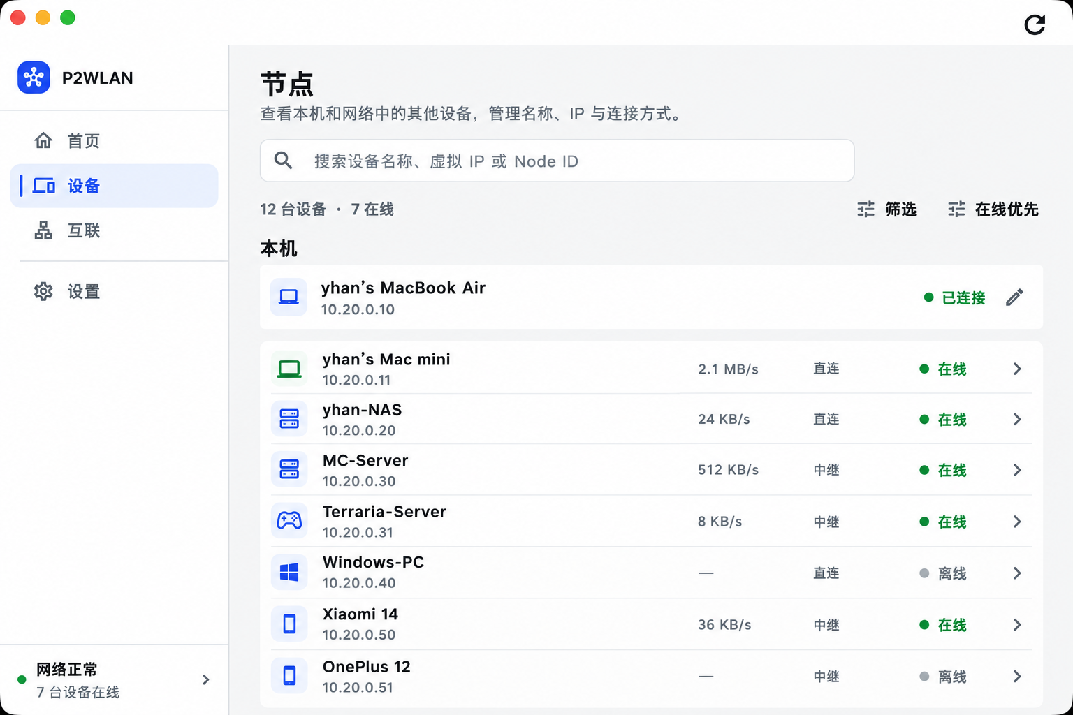 P2WLAN 设备列表：节点、连接速率和在线状态