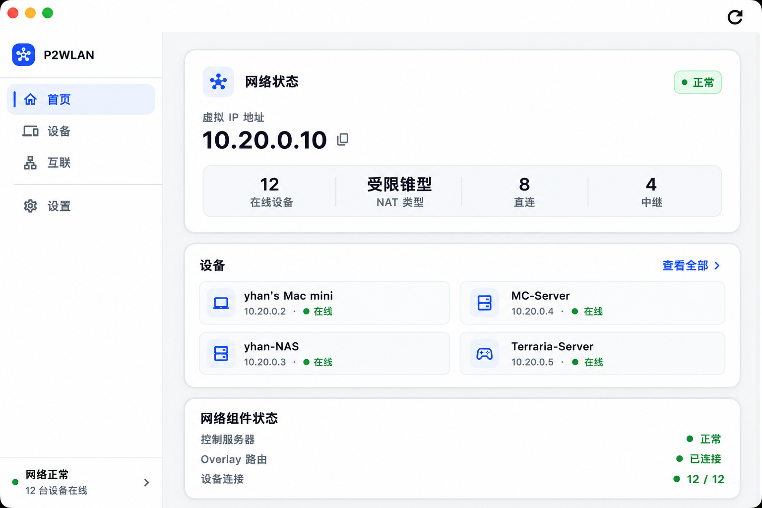 P2WLAN 首页：网络状态和在线设备