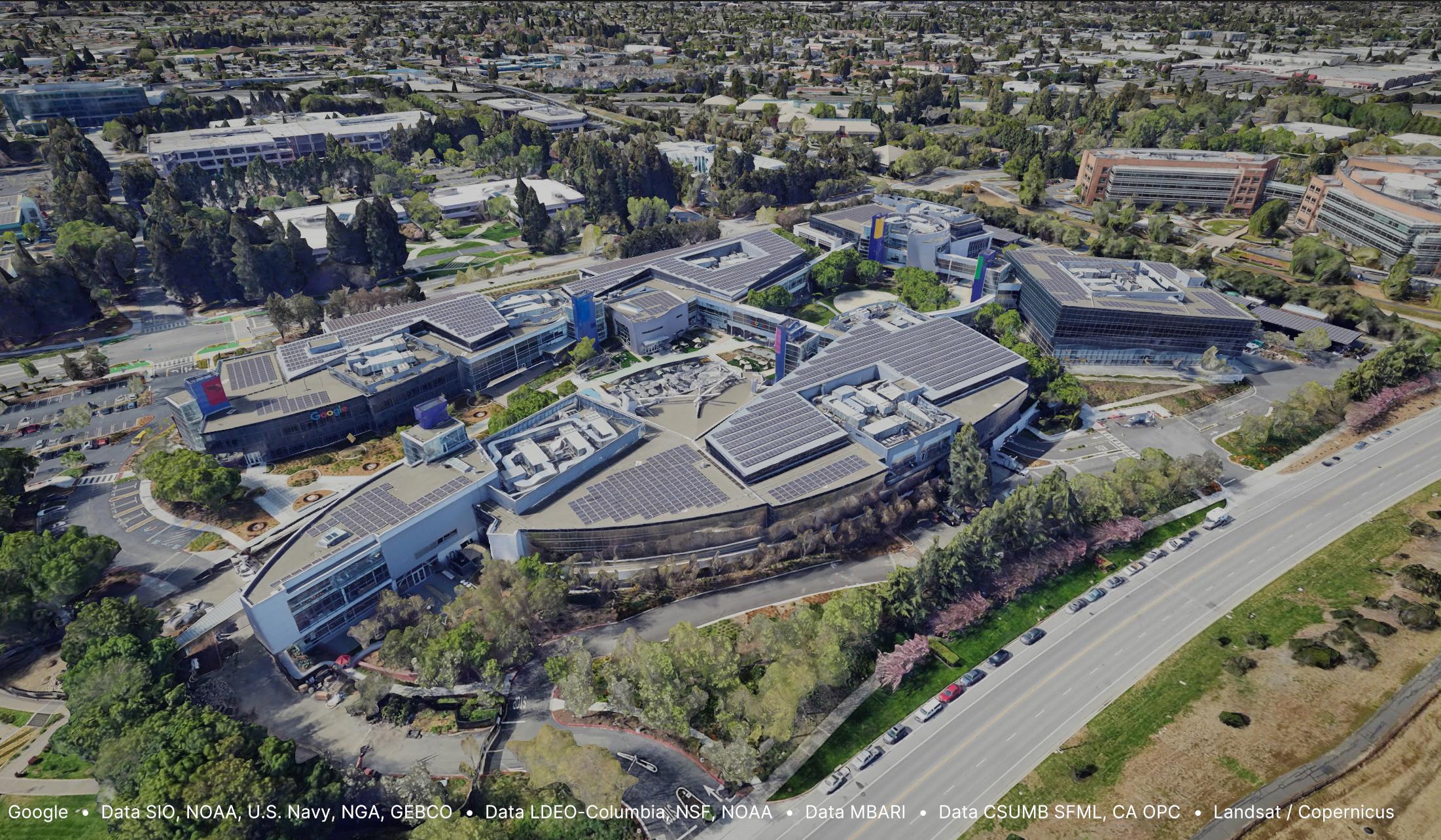 The Googleplex in Mountain View, California visualized with Photorealistic 3D Tiles in Cesium for Unity.