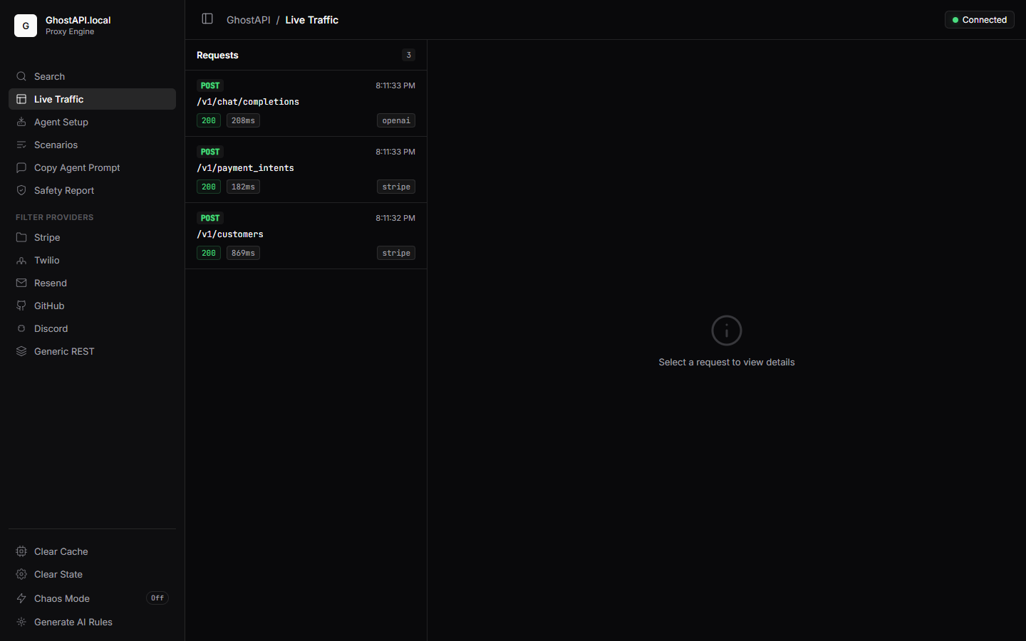 GhostAPI dashboard showing local API traffic
