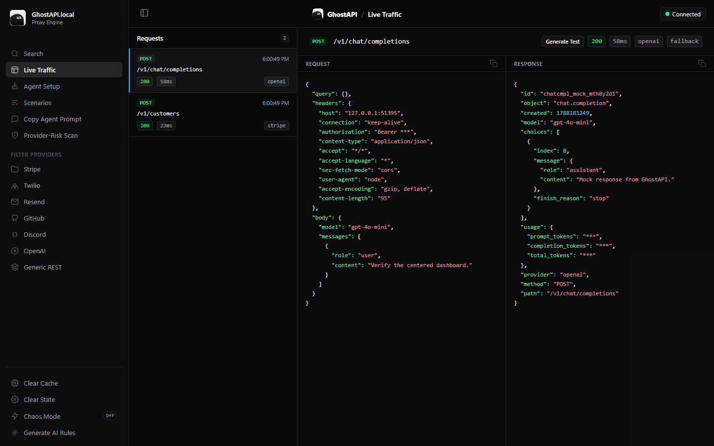 GhostAPI dashboard with live local Stripe, OpenAI, and REST traffic