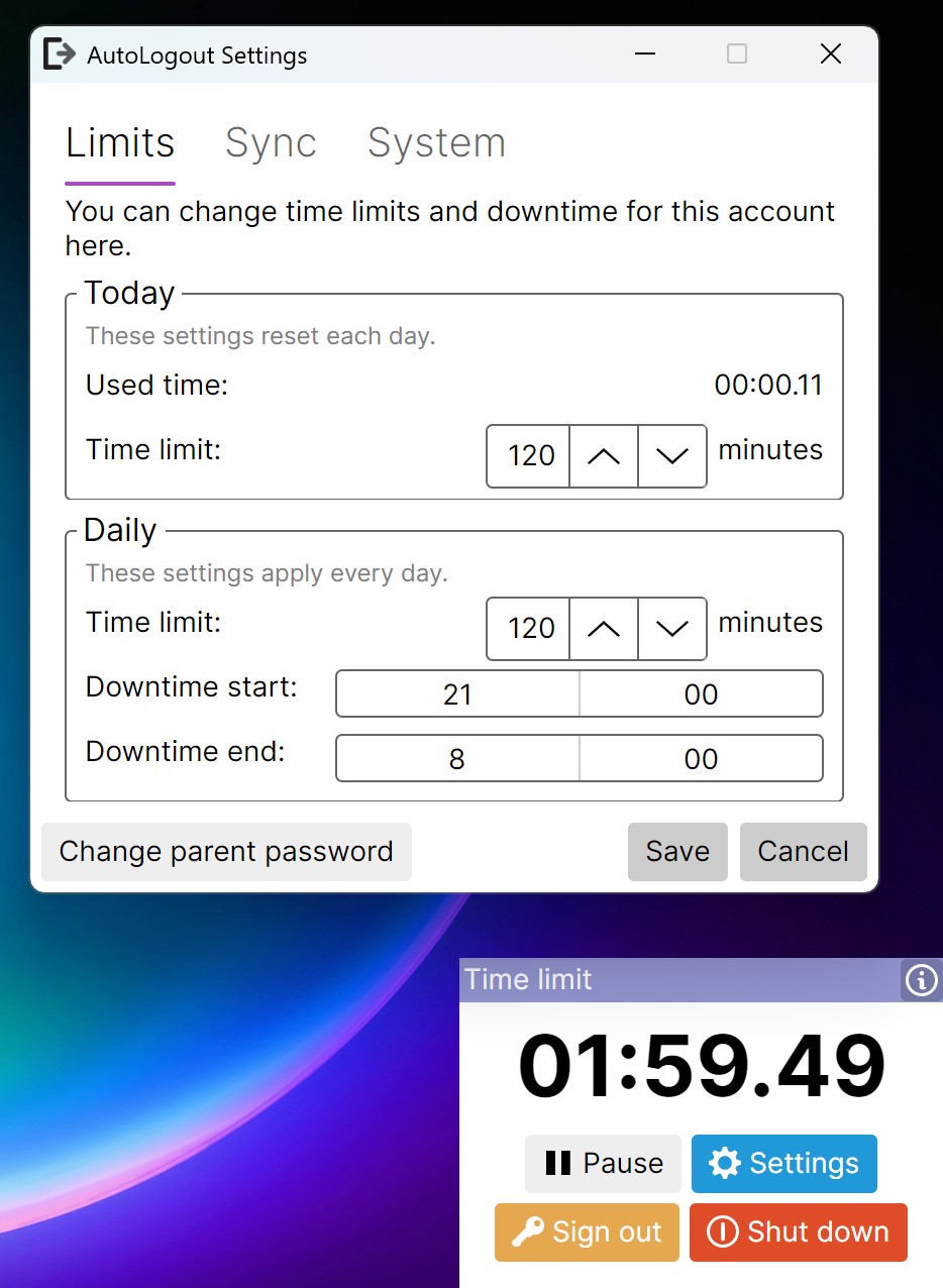 Screenshot of the ControlPanel with a 2 hour time limit