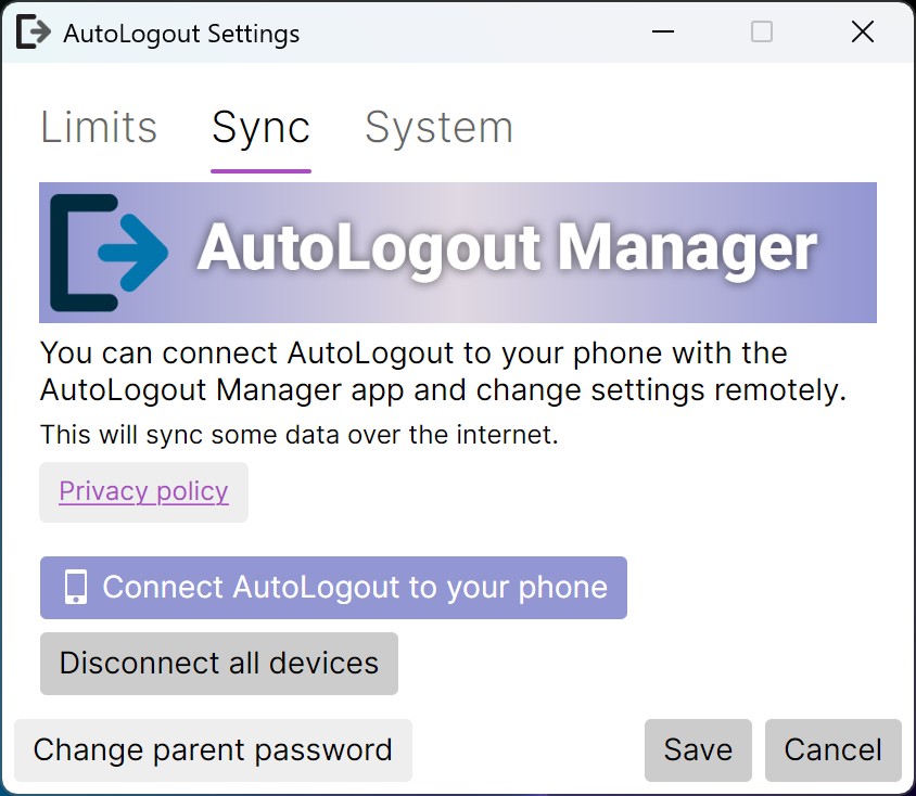 Screenshot of the ControlPanel Sync settings, button to connect to your phone