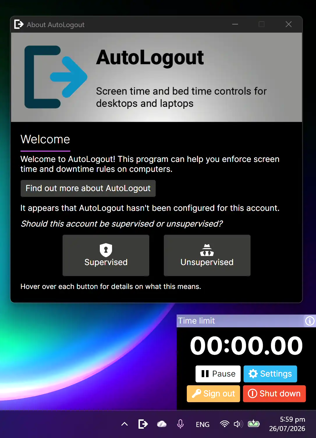 Screenshot of AutoLogout on the Windows 11 desktop changing between dark theme and light theme