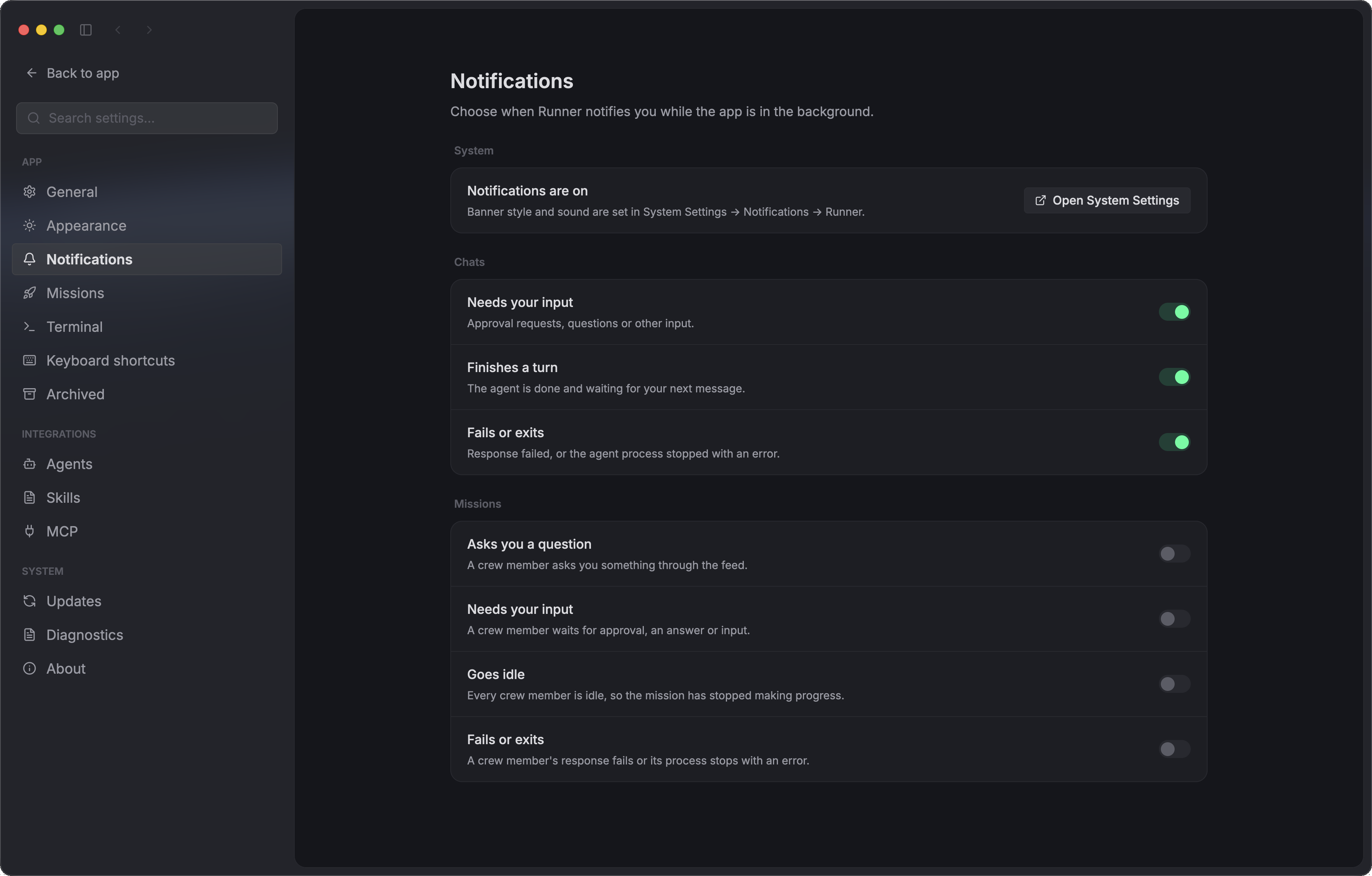Settings → Notifications：按 chat 和 mission 事件设置桌面通知