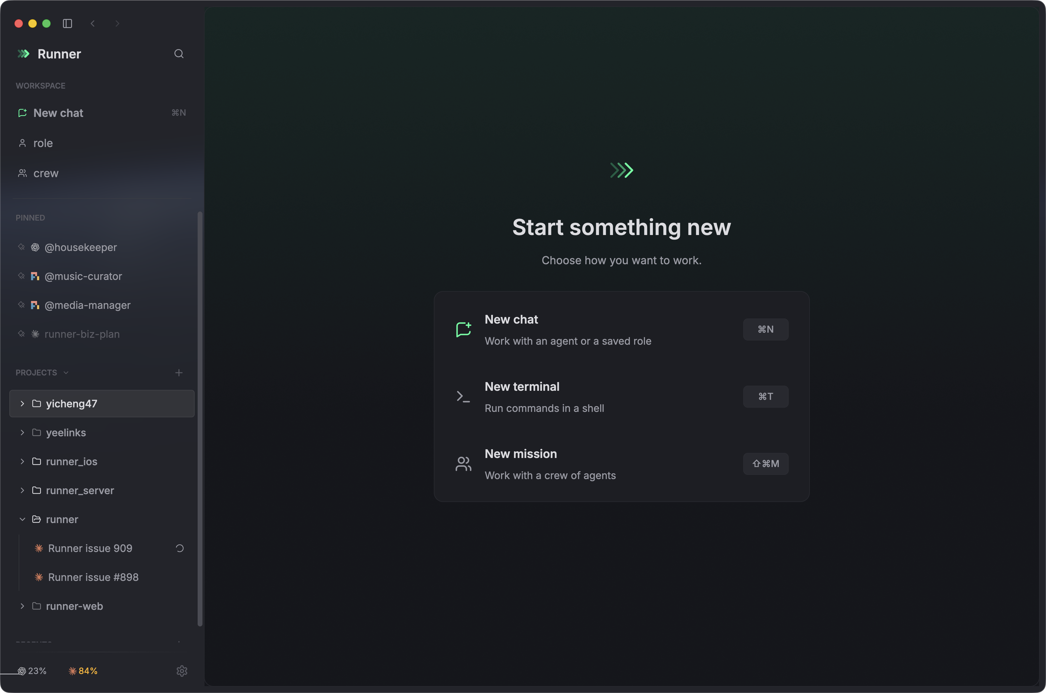 Runner 主界面：新建 chat 、terminal 或 mission