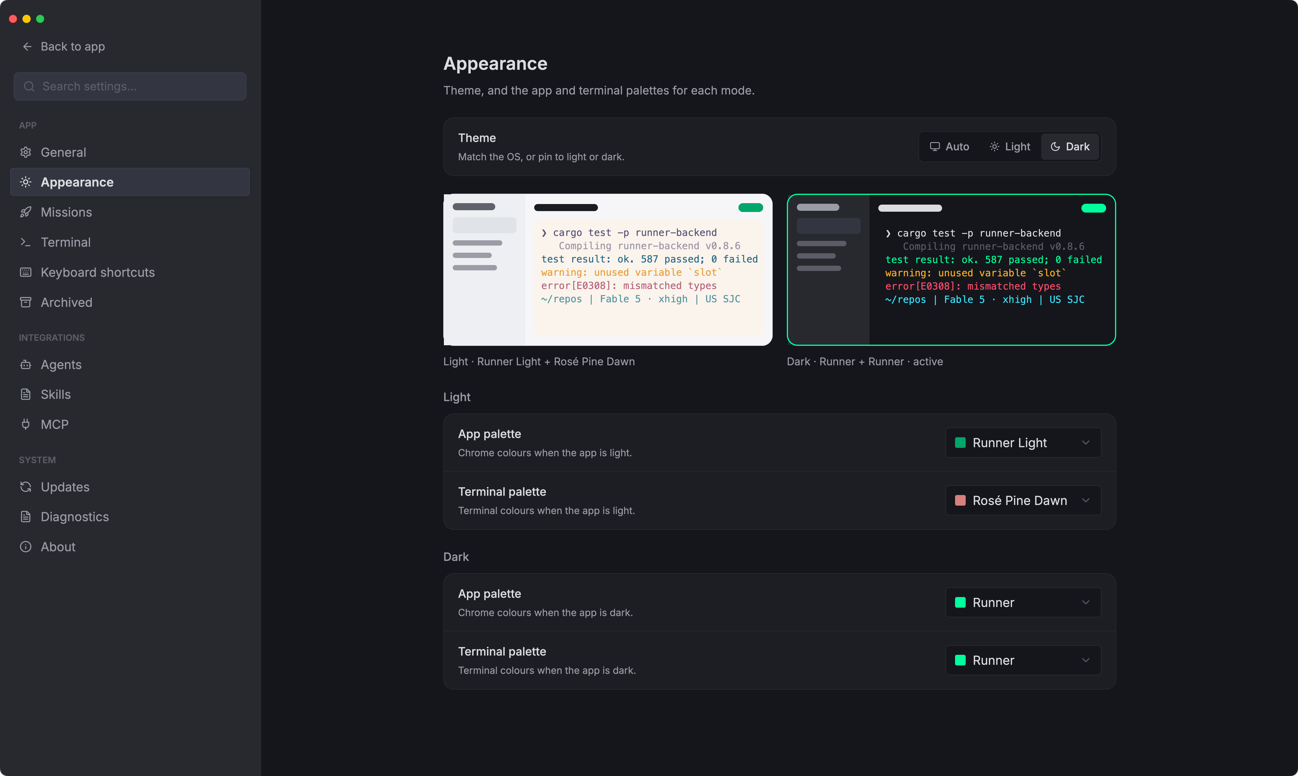Settings → Appearance — light and dark previews with an app and a terminal palette per mode