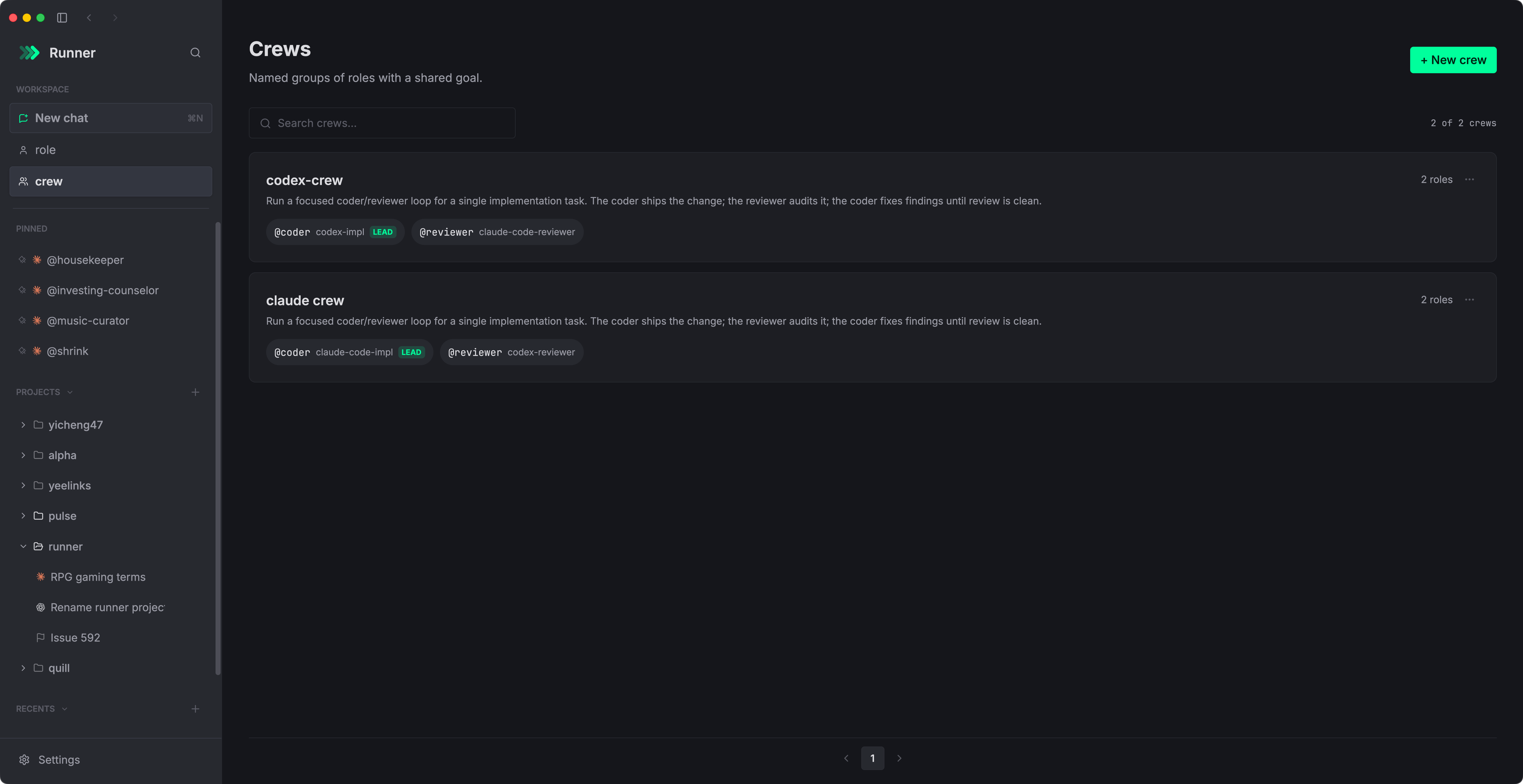 Crews — codex-crew and claude crew, each a coder lead and a reviewer drawn from roles